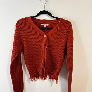 Love Tree Rust Red Distressed Button-Front Knit Cardigan
